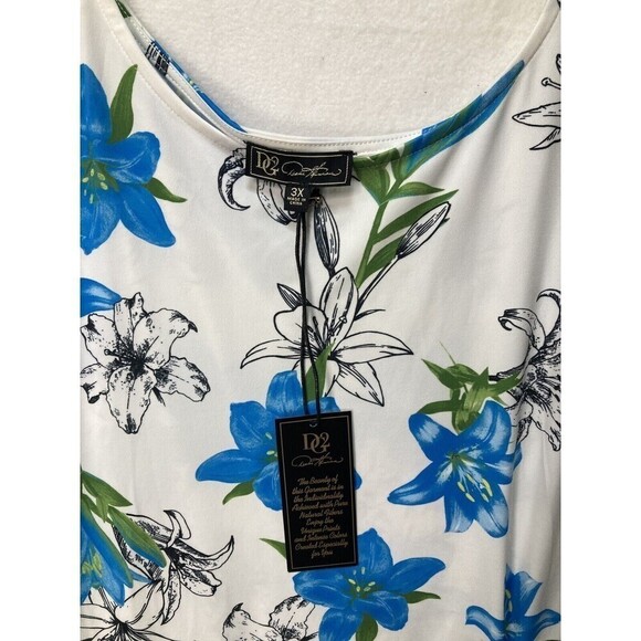 New DG2 Diane Gilman Floral Top Shirt 3/4 Sleeves Blue White Black Floral Ruffle - Picture 13 of 14